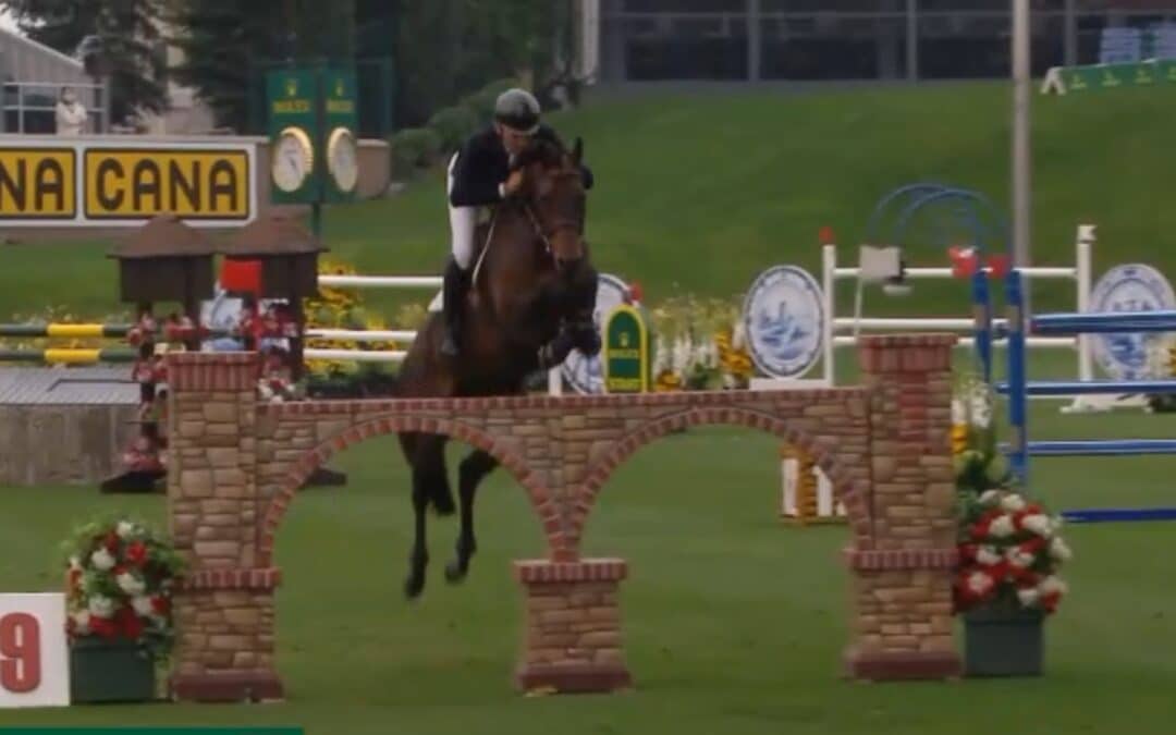 Armando Trapote y Tornado VS, en su línea en la prueba de 1.50 metros en Spruce Meadows de hoy